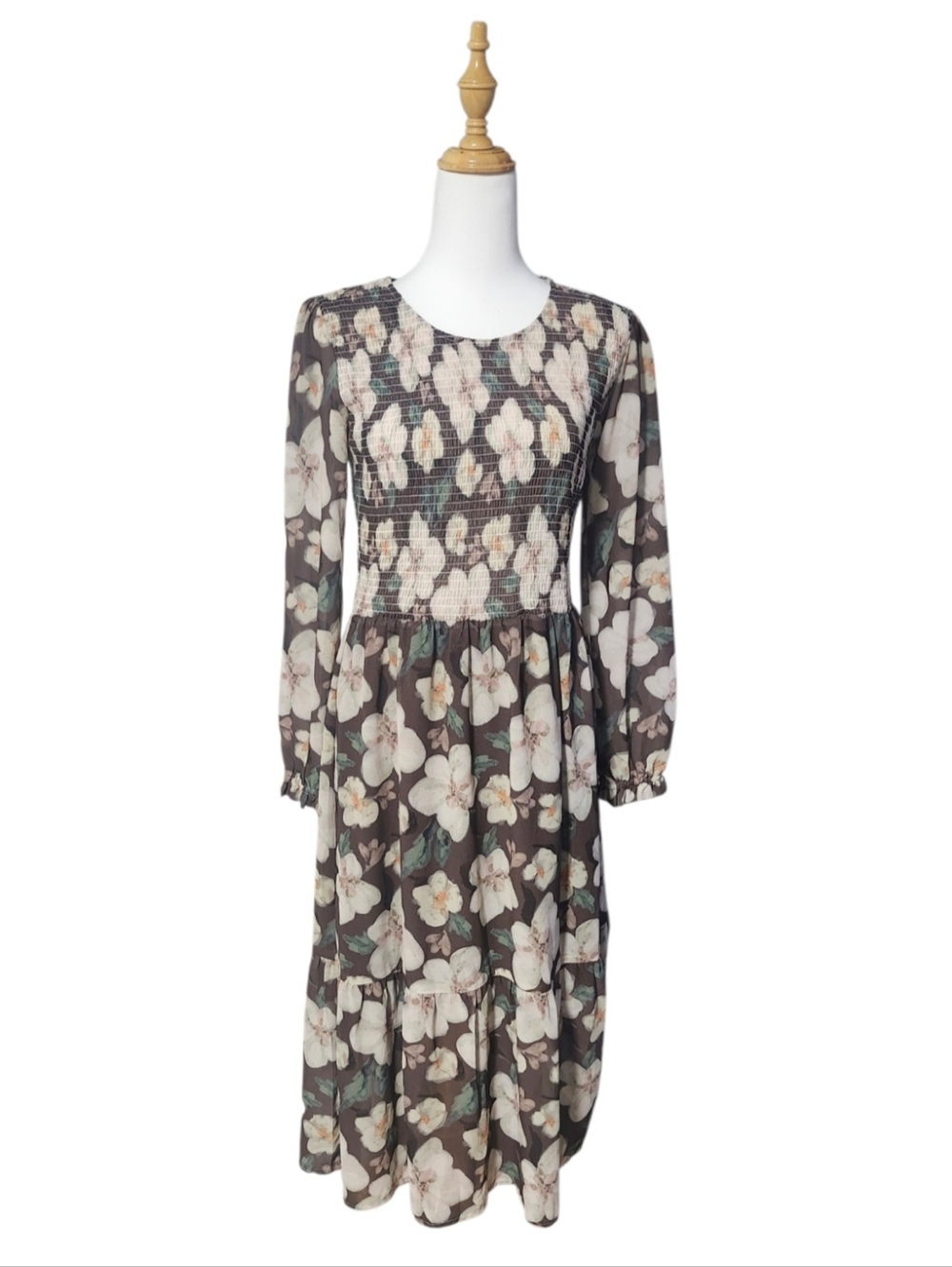 Jilly Box Floral Smocked Midi Dress in Brown and Cream - Picture 10 of 13
